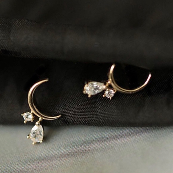 “Tears from the Moon” Crescent Sliver Dripping Crystals Swarovski Tiny 14K Studs - Picture 14 of 16